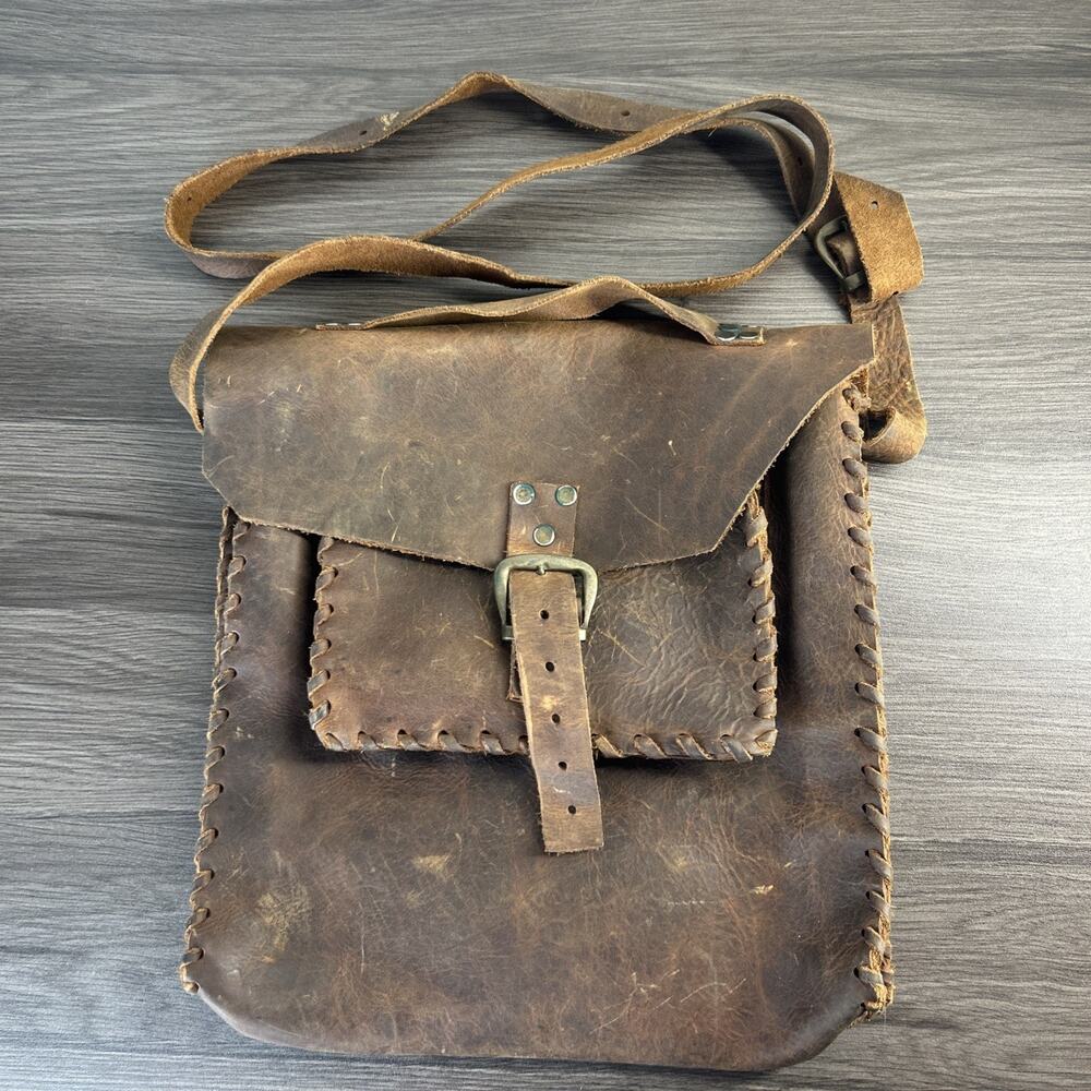Vintage Brown Leather Shoulder Satchel Messenger Bag Hand Laced Rustic As Is
